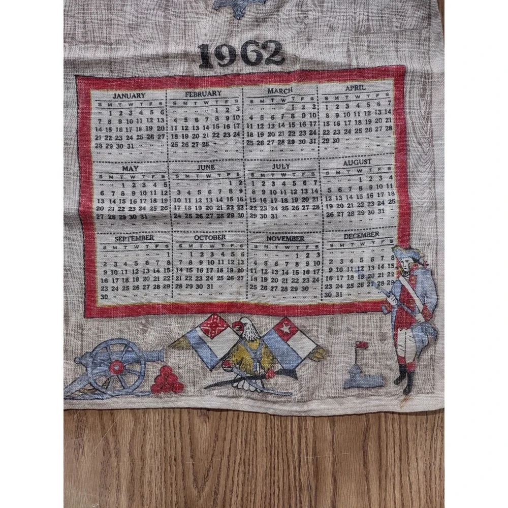 Vintage 1962 Stevens Linen Kitchen Calendar Tea Towel Americana 100% Linen